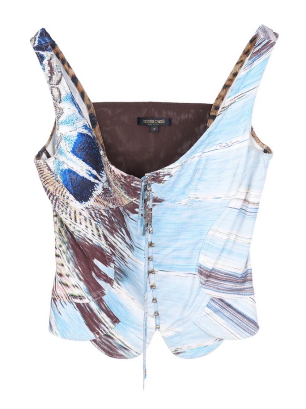 ROBERTO CAVALLI Vintage S/S 2004 Blue Cotton Feather Motif Corset Bustier Top M